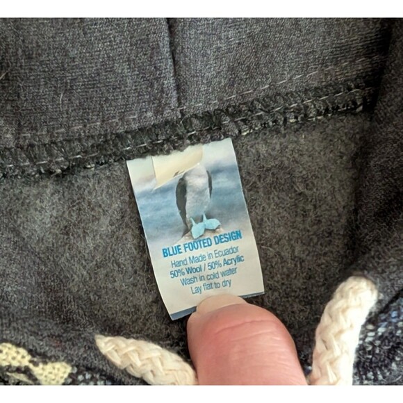 Ecuador Aztec Hoodie Pullover Wool Blend Blue Footed Design Handmade Alpaca L - Picture 5 of 12